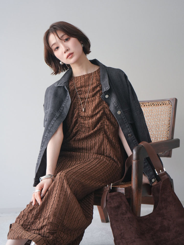 [SET]シャーリングジャガードノースリーブワンピース+ルーズシルエットデニムジャケット(2set)