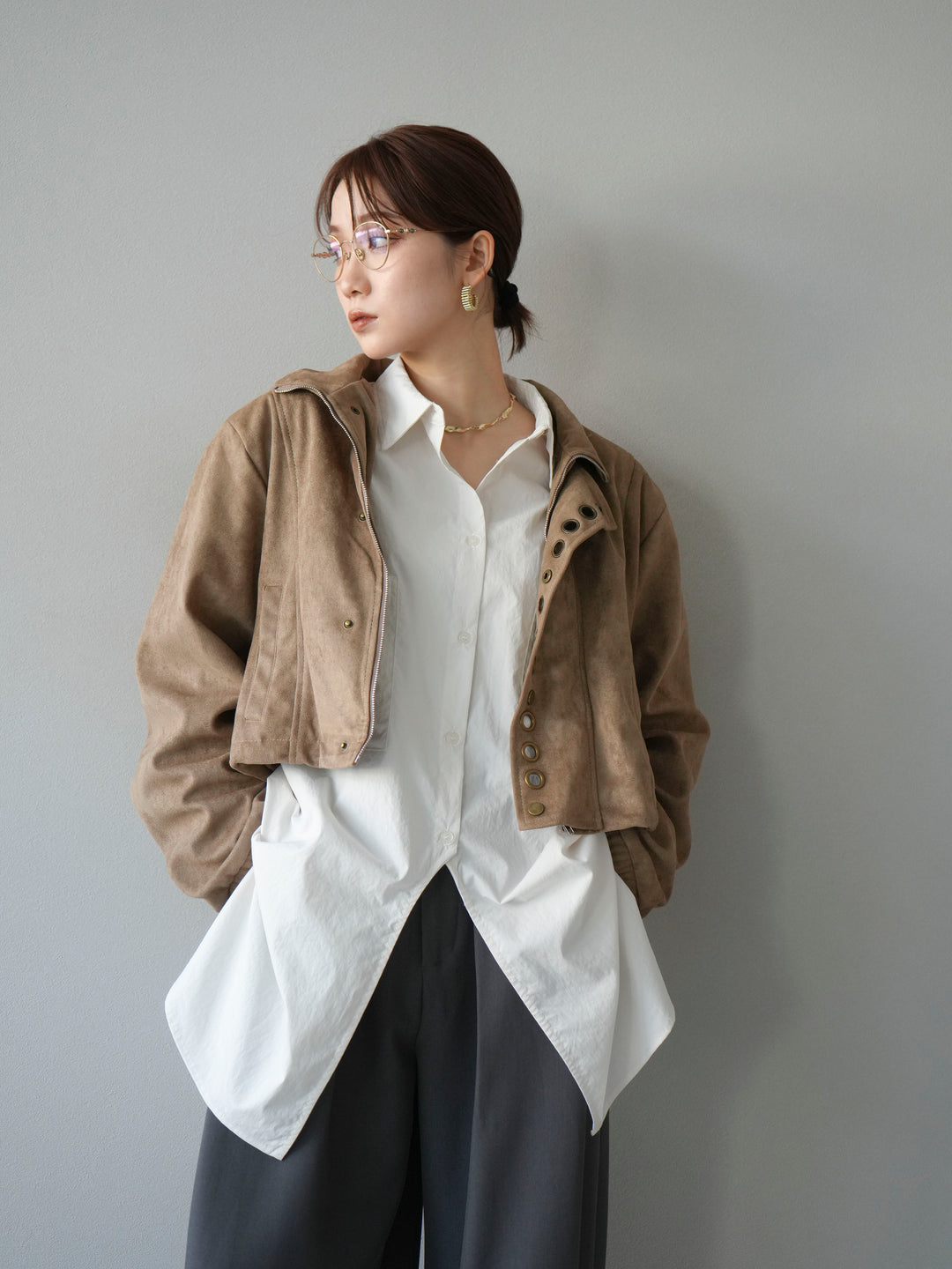 [予約]パンチングデザインスエードショートジャケット/ベージュ