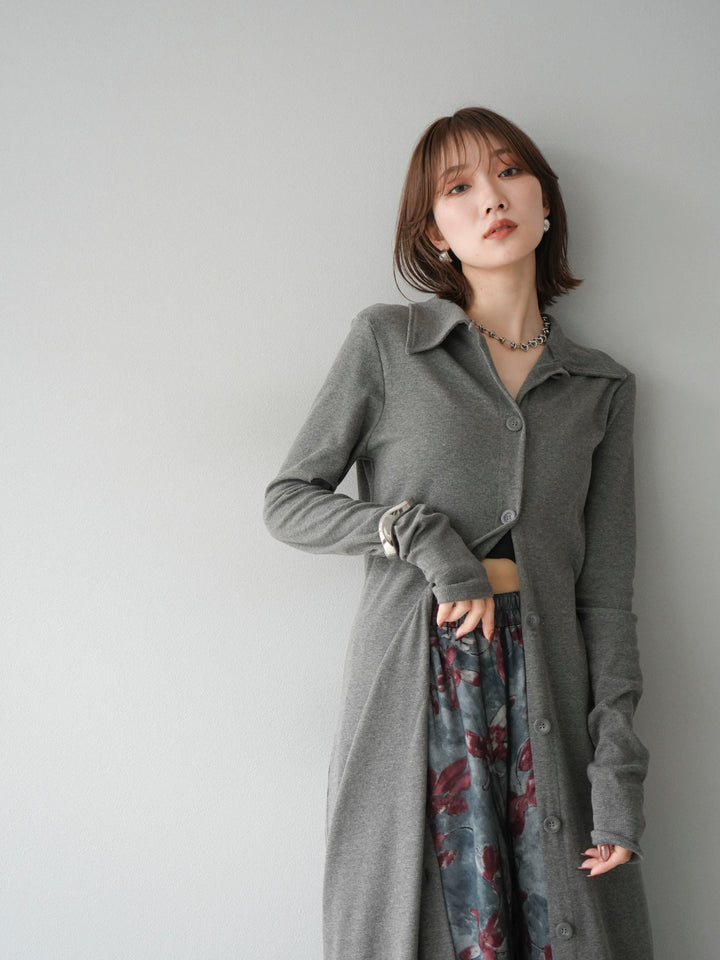 [SET]襟付きカットリブボタンワンピース+フラワープリントチュールレイヤードパンツ(2set)