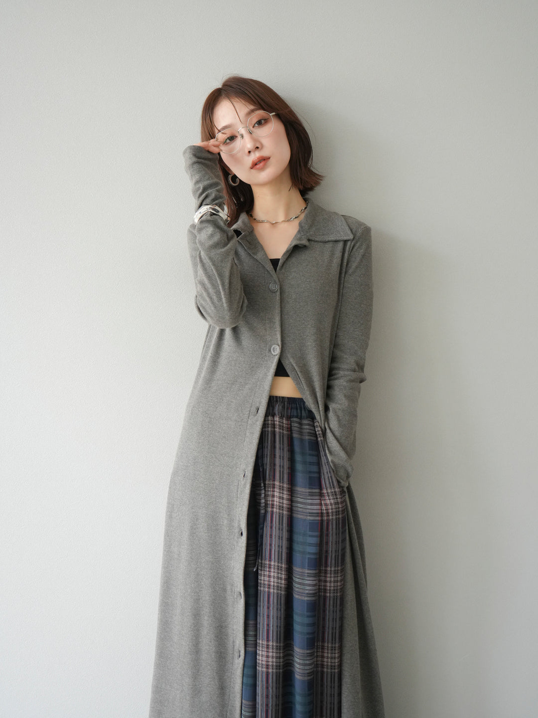 [予約]襟付きカットリブボタンワンピース/チャコール