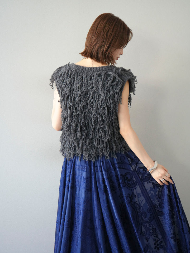 [SET]フリンジループニットベスト+アンティーク柄フロッキーマキシスカート(2set)