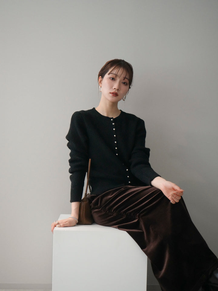 [SET]シルバーボタン畦編みニットカーディガン+ギャザーベロアスカート(2set)