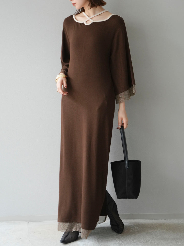 [予約]デザインネックラメシアー切替ニットワンピース/ブラウン