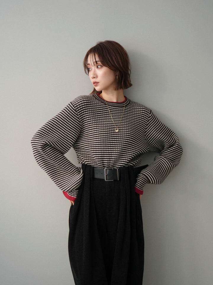 [予約]ラメ異素材ボーダーリブニットプルオーバー/brown×red
