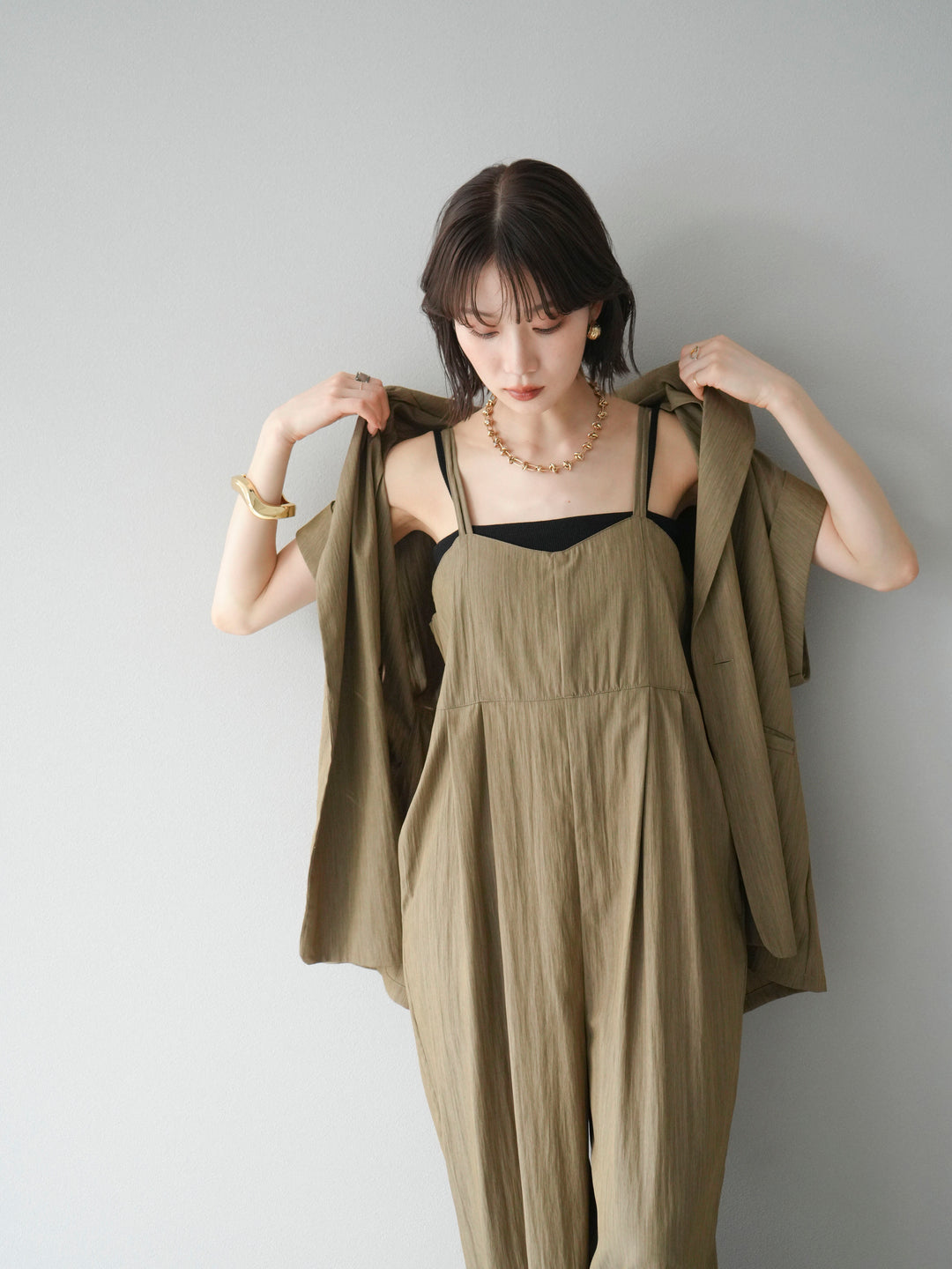 [予約]リネンライクビスチェデザインサロペット/グレージュ