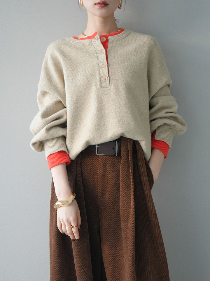 [予約]ヘンリーネック配色レイヤードニットプルオーバー/beige