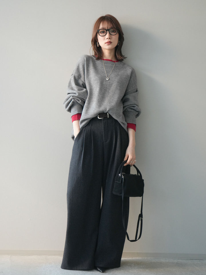 [SET]ヘンリーネック配色レイヤードニットプルオーバー+アニマル柄ベルト付きウールタッチワイドパンツ(2set)