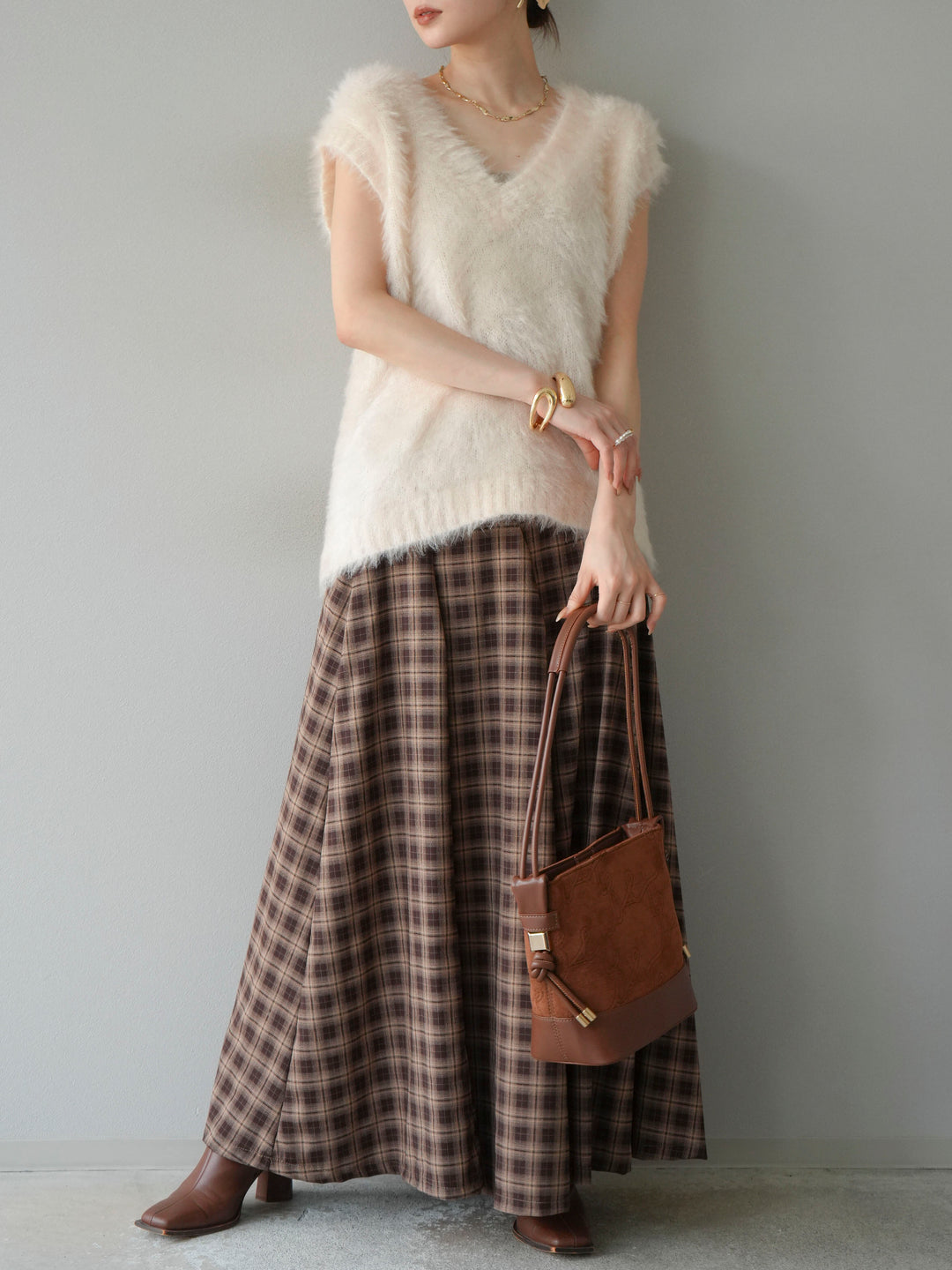[予約]チェックタックフレアロングスカート/ ブラウン