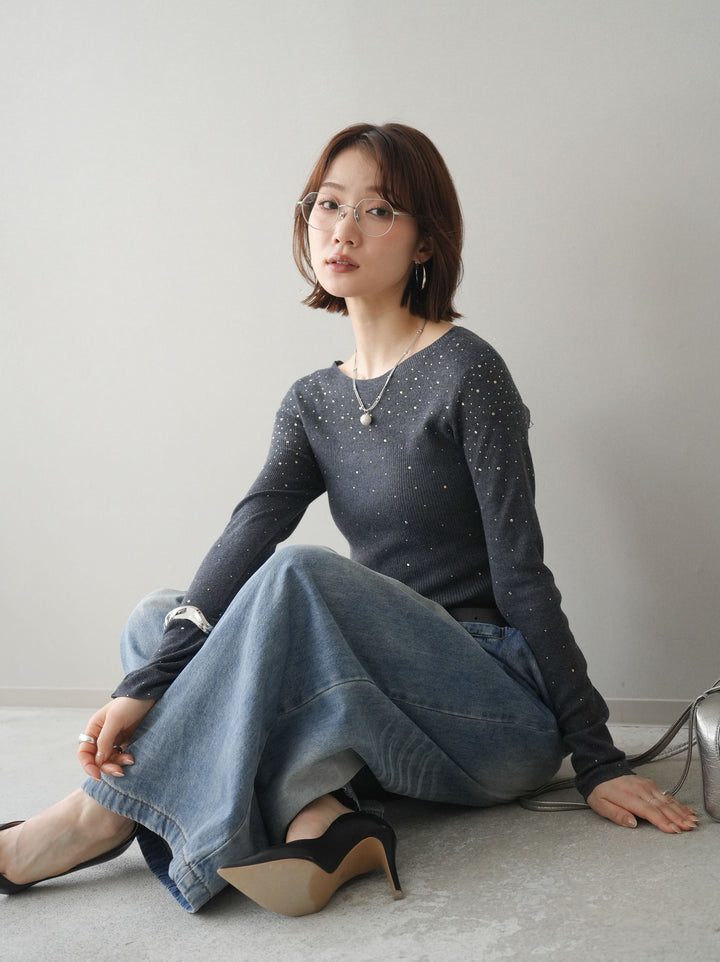 [SET]スパンコールシアーニットトップス+フロントポケットサイドタックワイドデニム(2set)