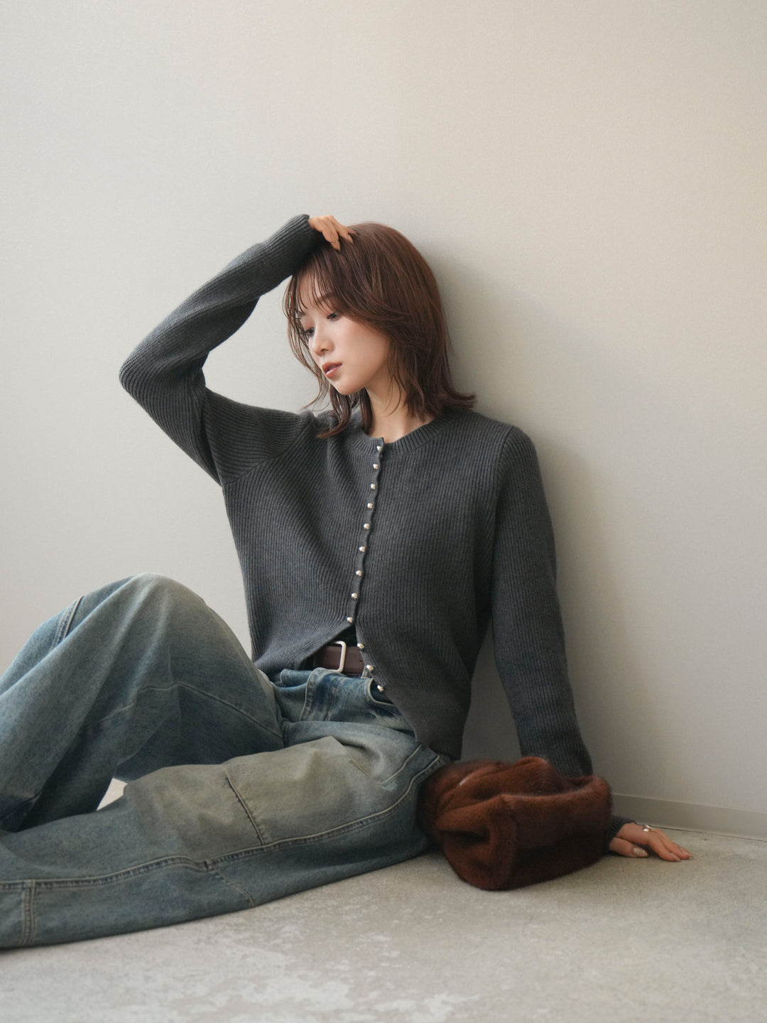 [予約]シルバーボタン畦編みニットカーディガン/charcoal