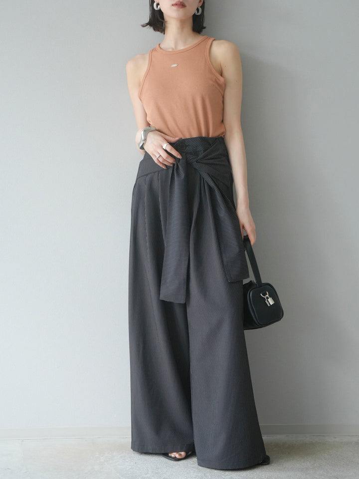 【預購】條紋裹腰闊腿褲/黑色