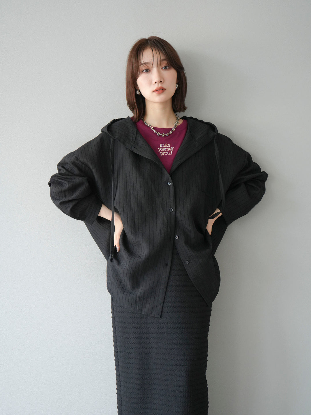 [予約]ワッシャーストライプフーディーシャツ/ブラック