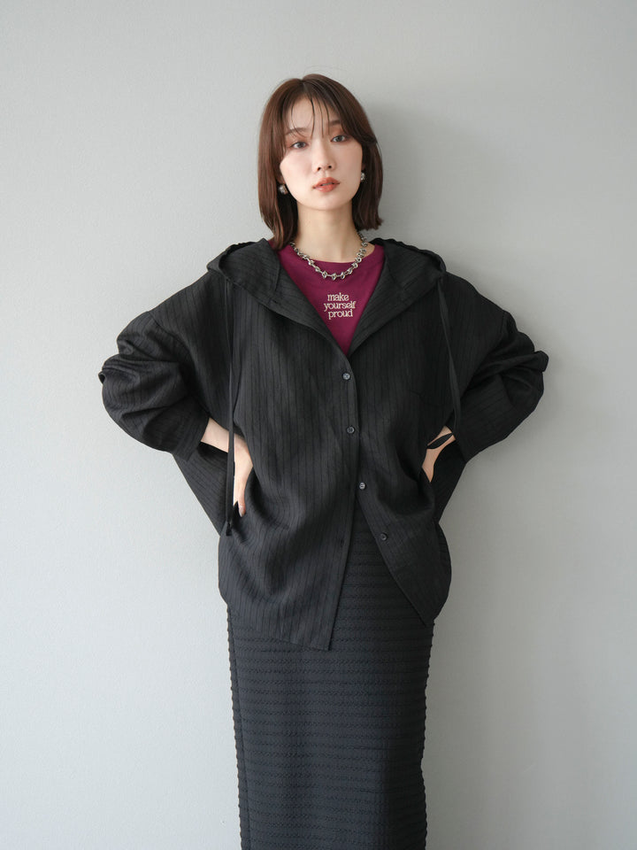 [予約]ワッシャーストライプフーディーシャツ/ブラック
