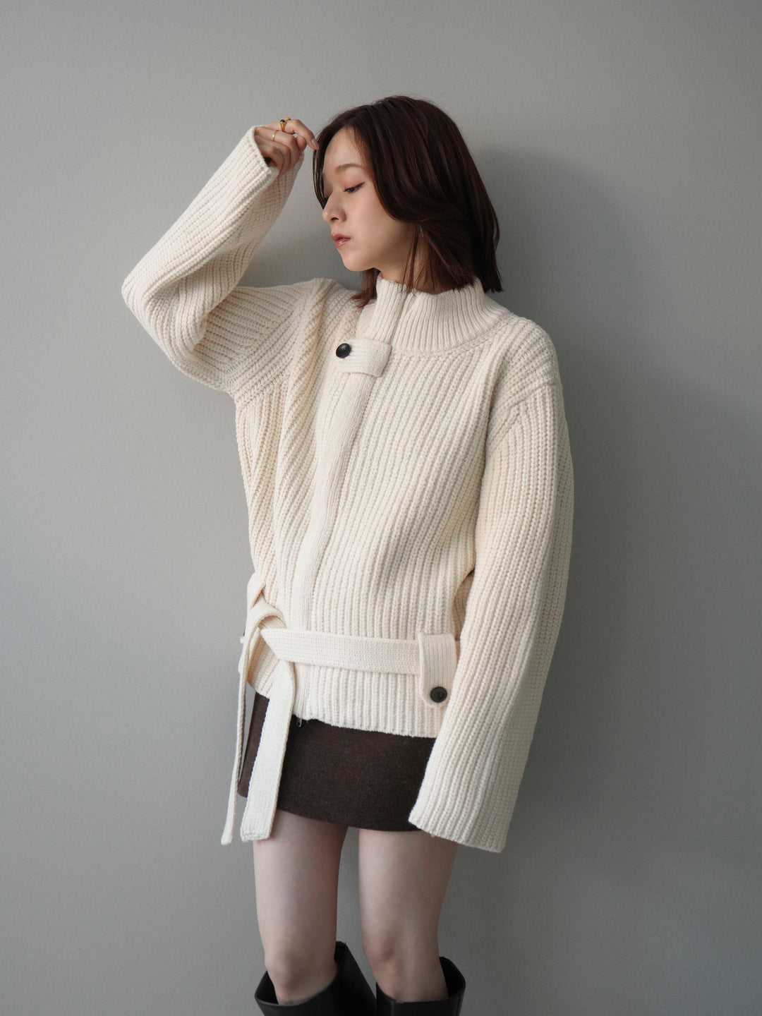 [予約]畦編みボトルネックZIPニットカーディガン/white