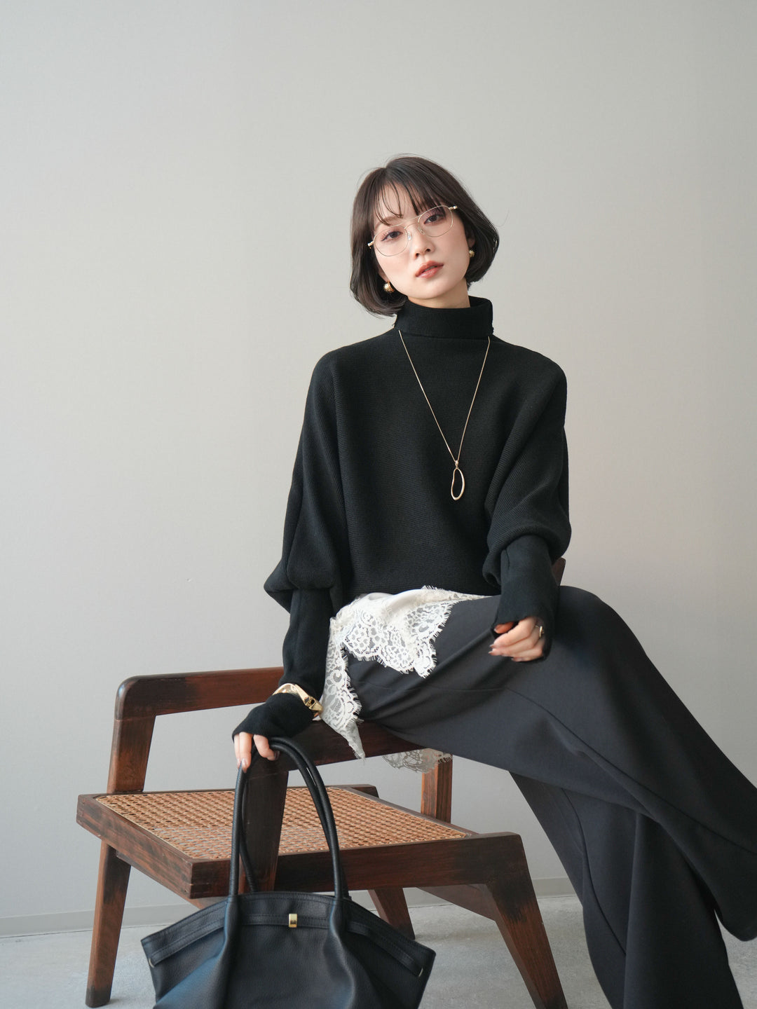[予約]ボリュームドルマンタートルニットプルオーバー/black