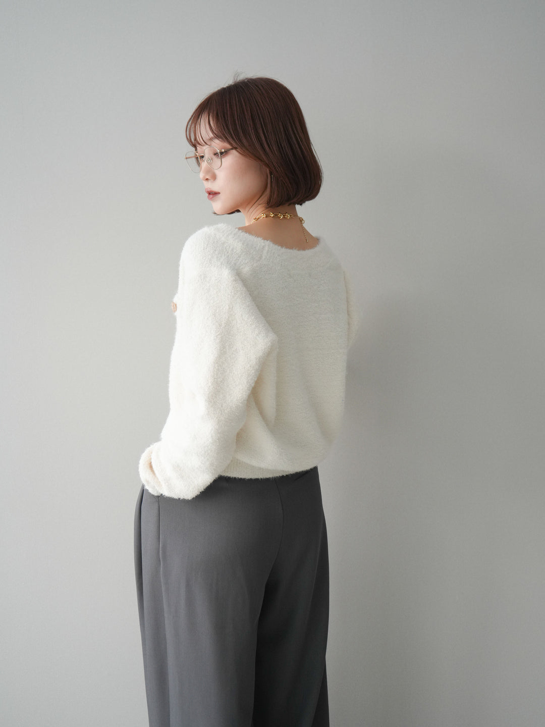 [SET]ゴールドボタンモールニットカーディガン+ベルトループデザインワイドパンツ(2set)