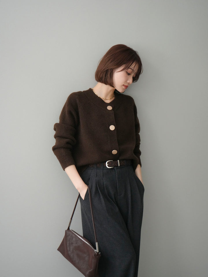 [SET]BIGボタンニットカーディガン+アニマル柄ベルト付きウールタッチワイドパンツ(2set)