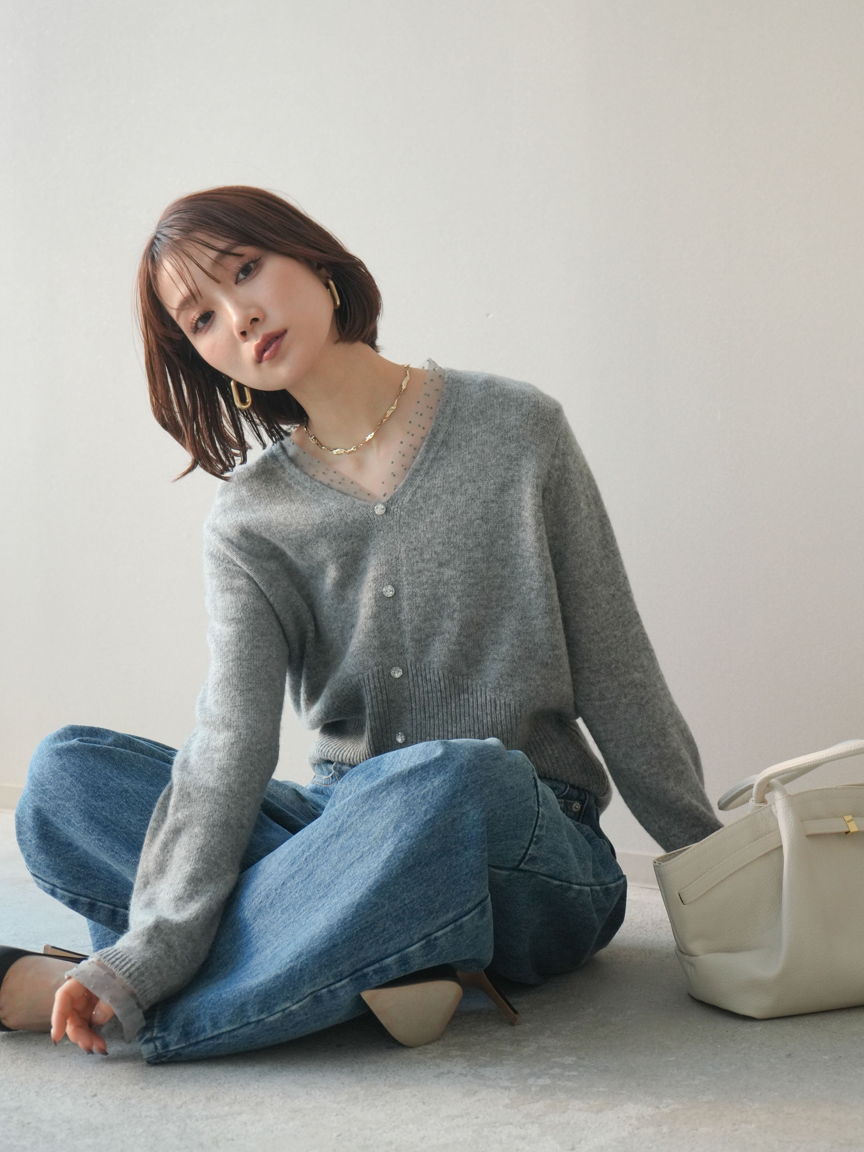 予約]ドットチュールレイヤードボタンニットトップス/gray – Lumier