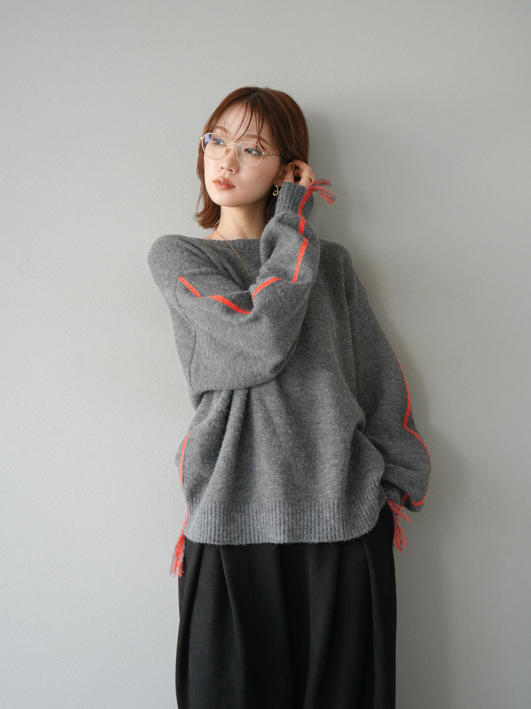 [SET]配色ステッチフリンジニットプルオーバー +スウェードタックワイドパンツ(2set)