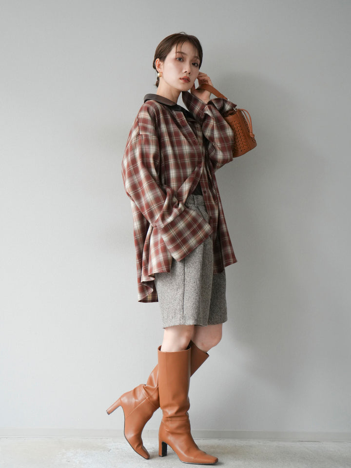 [SET]レザー襟オンブレチェックオーバーシャツ +ツイードハーフパンツ(2set)