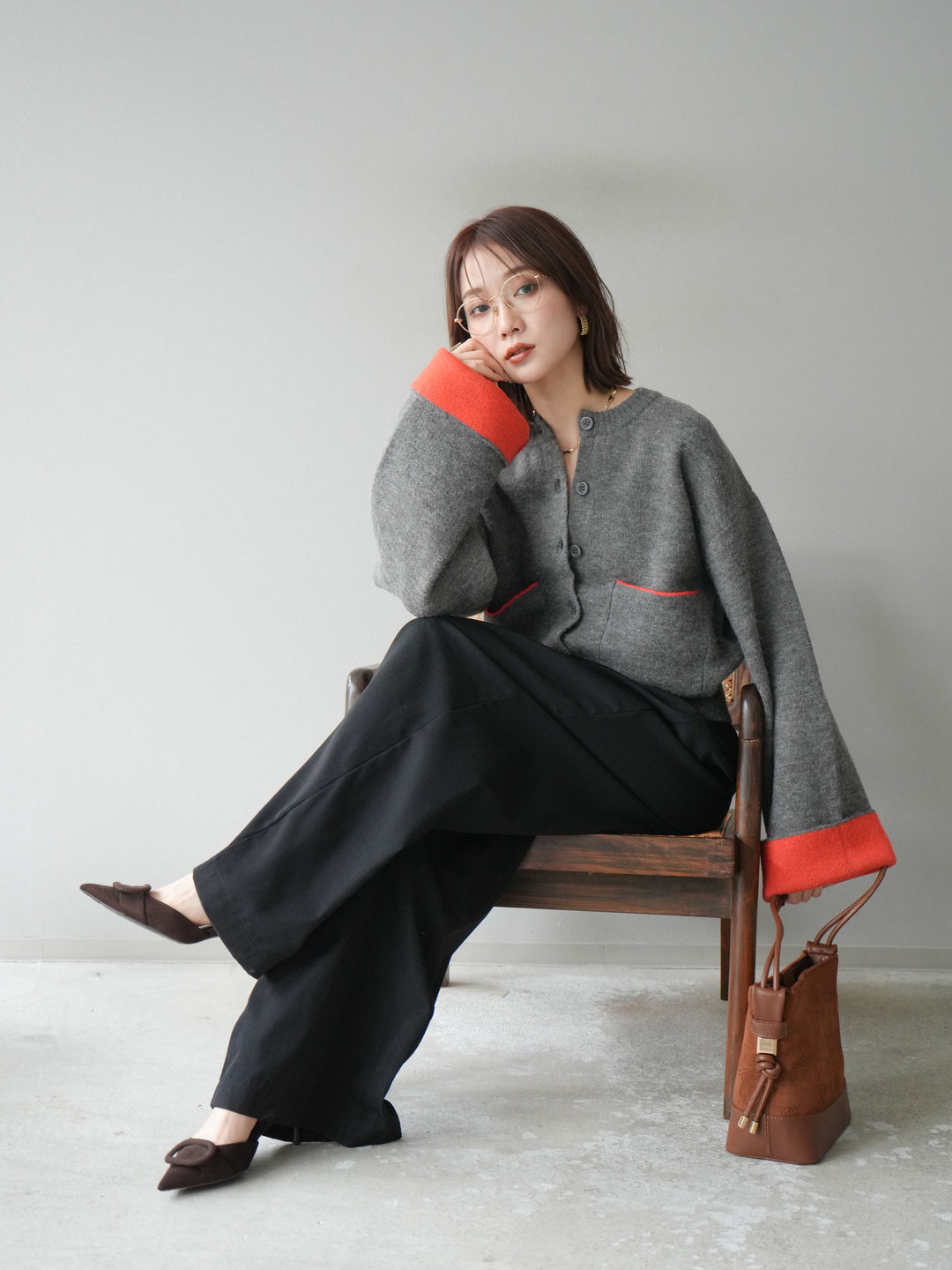 【SET】雙色針織開襟衫+褶襉設計寬褲（2套）