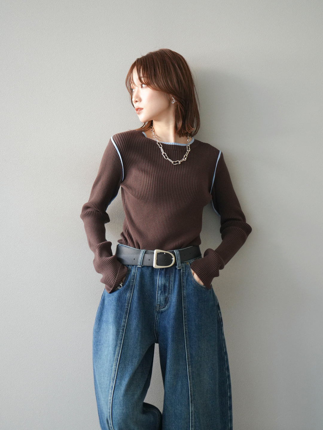 [予約]バイカラークルーネックリブニットトップス/brown