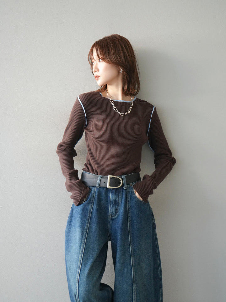 [予約]バイカラークルーネックリブニットトップス/brown