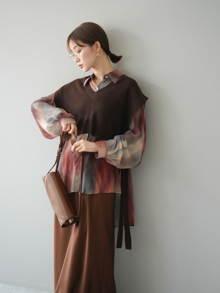 [予約]サイドリボンVネックショートニットベスト/ブラウン