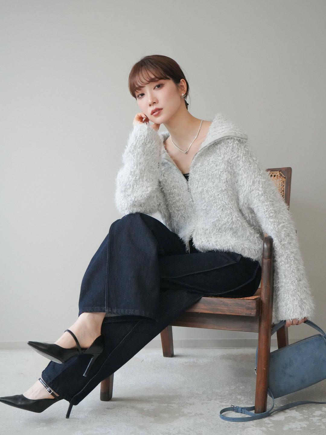 [予約]ミックスシャギージップニットカーディガン/ivory