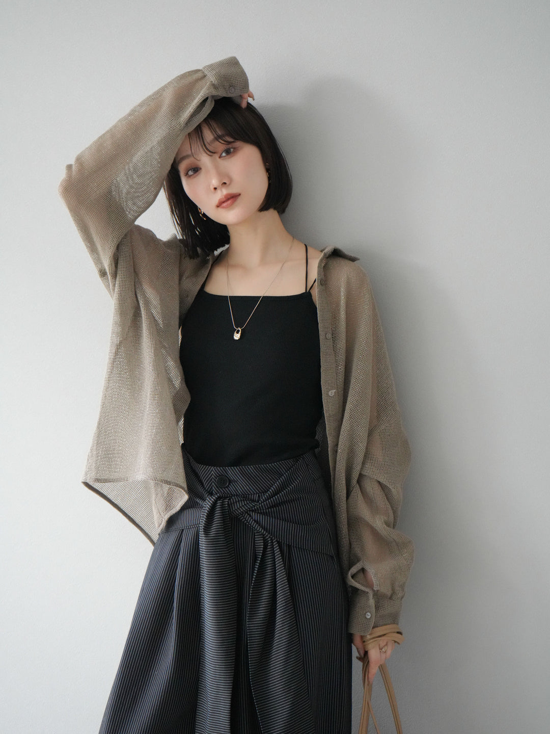 [予約]コットンラメメッシュオーバーシャツ/ベージュ