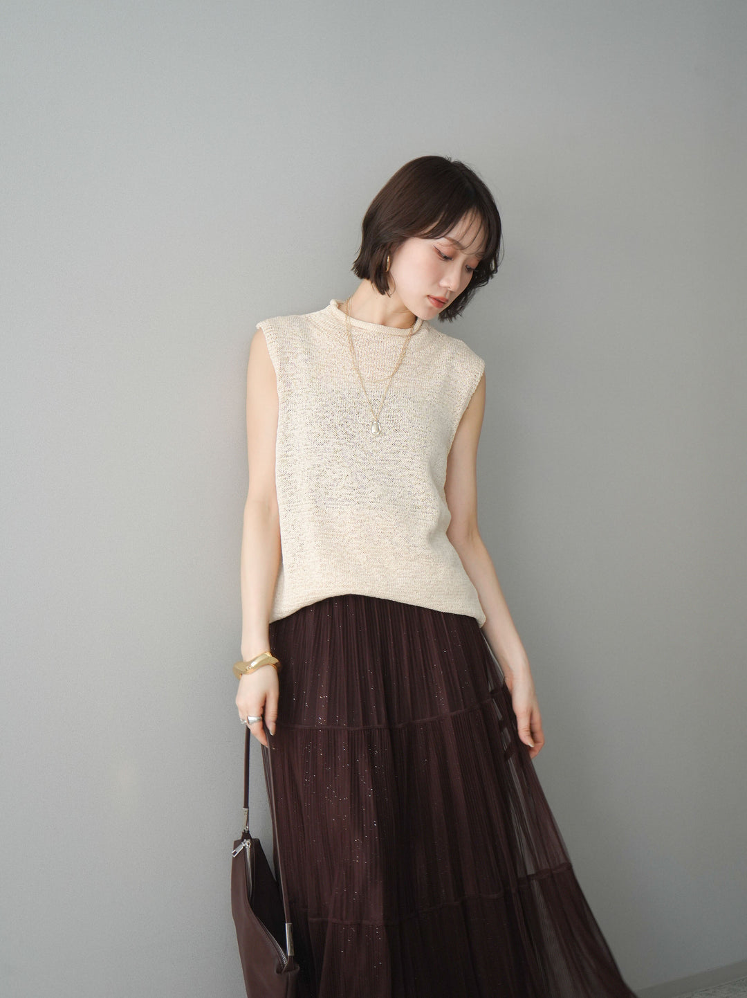 [予約]ノースリーブリネンタッチシアーニットプルオーバー/beige