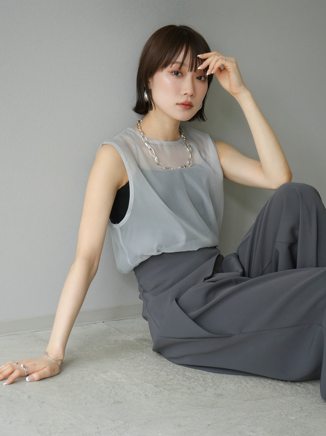 [SET] Organza sleeveless top + wrap wide pants (2set)