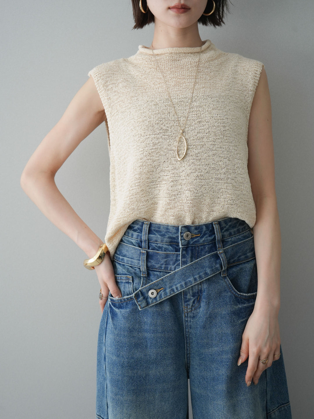 [予約]ノースリーブリネンタッチシアーニットプルオーバー/beige