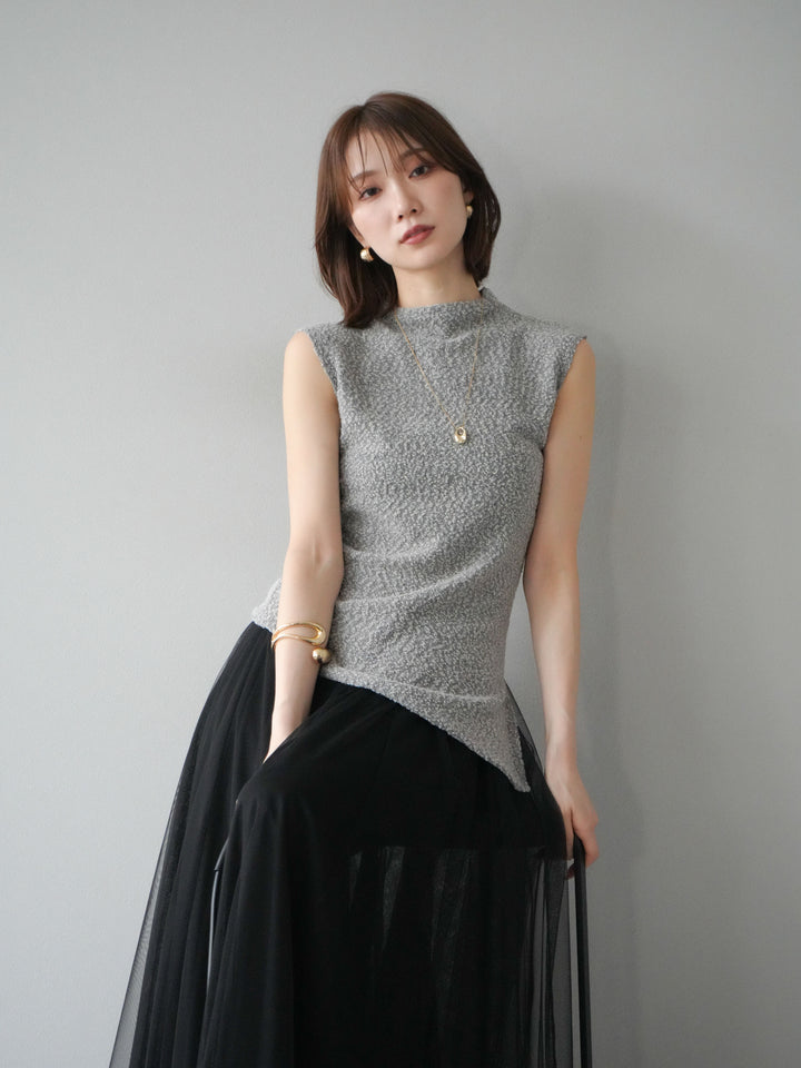 [SET]ブークレアシメニットノースリーブトップス+チュールボリュームスカート(2set)