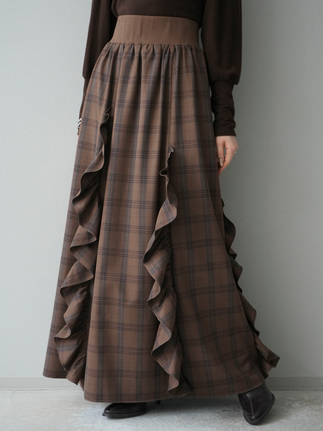 [予約]チェック柄フリルハイウエストマキシスカート/lightbrown