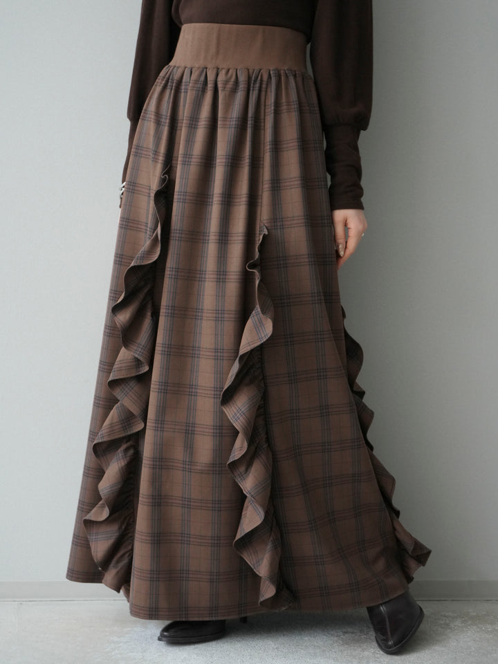 [予約]チェック柄フリルハイウエストマキシスカート/lightbrown