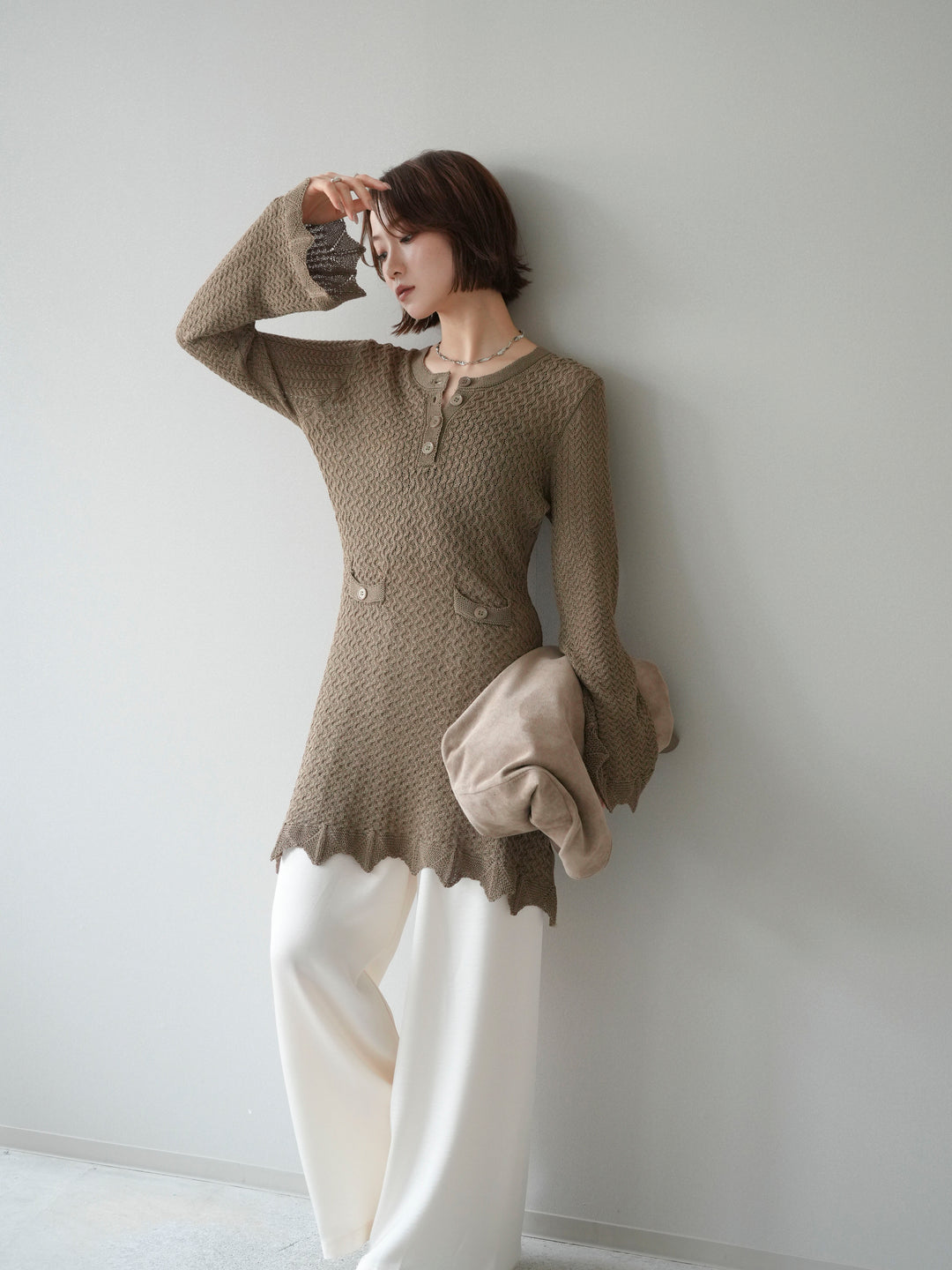 [予約]ヘンリーネックニットチュニック/khaki