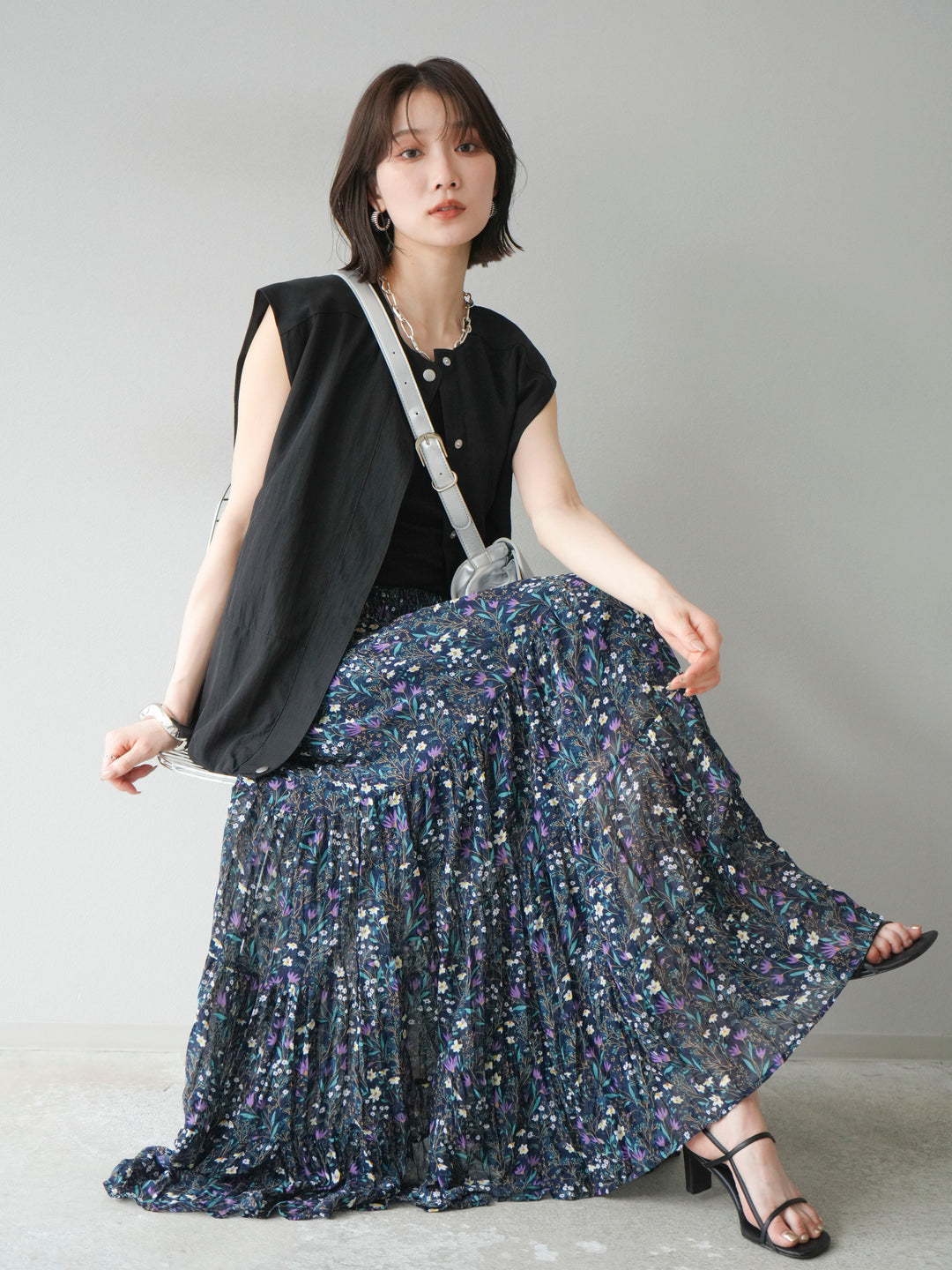 [SET]リネンライクドロストバルーンブルゾン+フラワーワッシャープリーツスカート(2set)