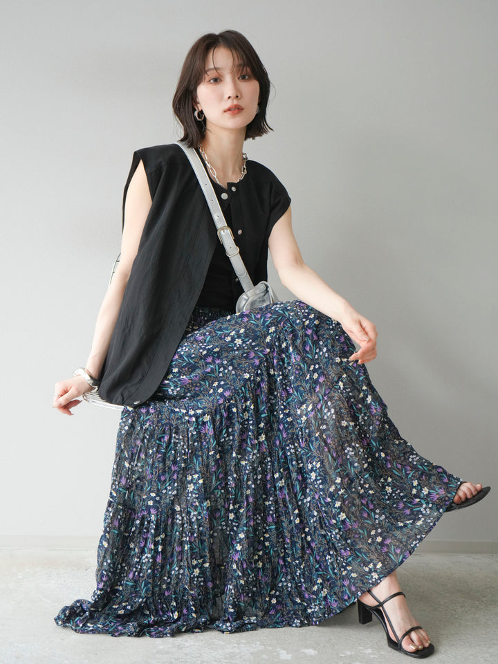 [SET]リネンライクドロストバルーンブルゾン+フラワーワッシャープリーツスカート(2set)