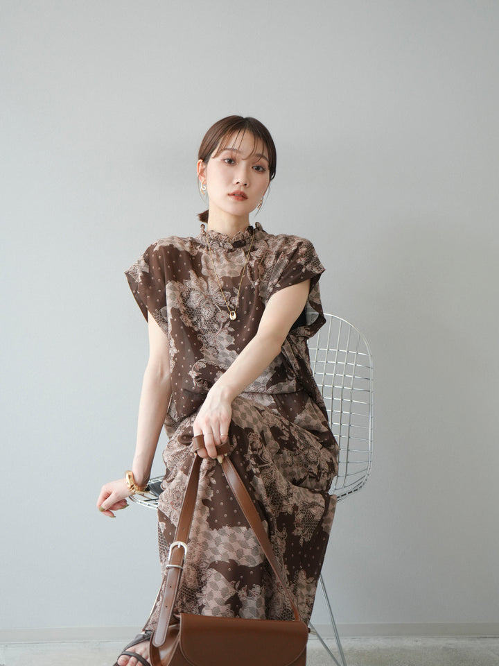 [SET] 花朵圖案法式袖襯衫 + 花朵圖案喇叭裙 (2 套)