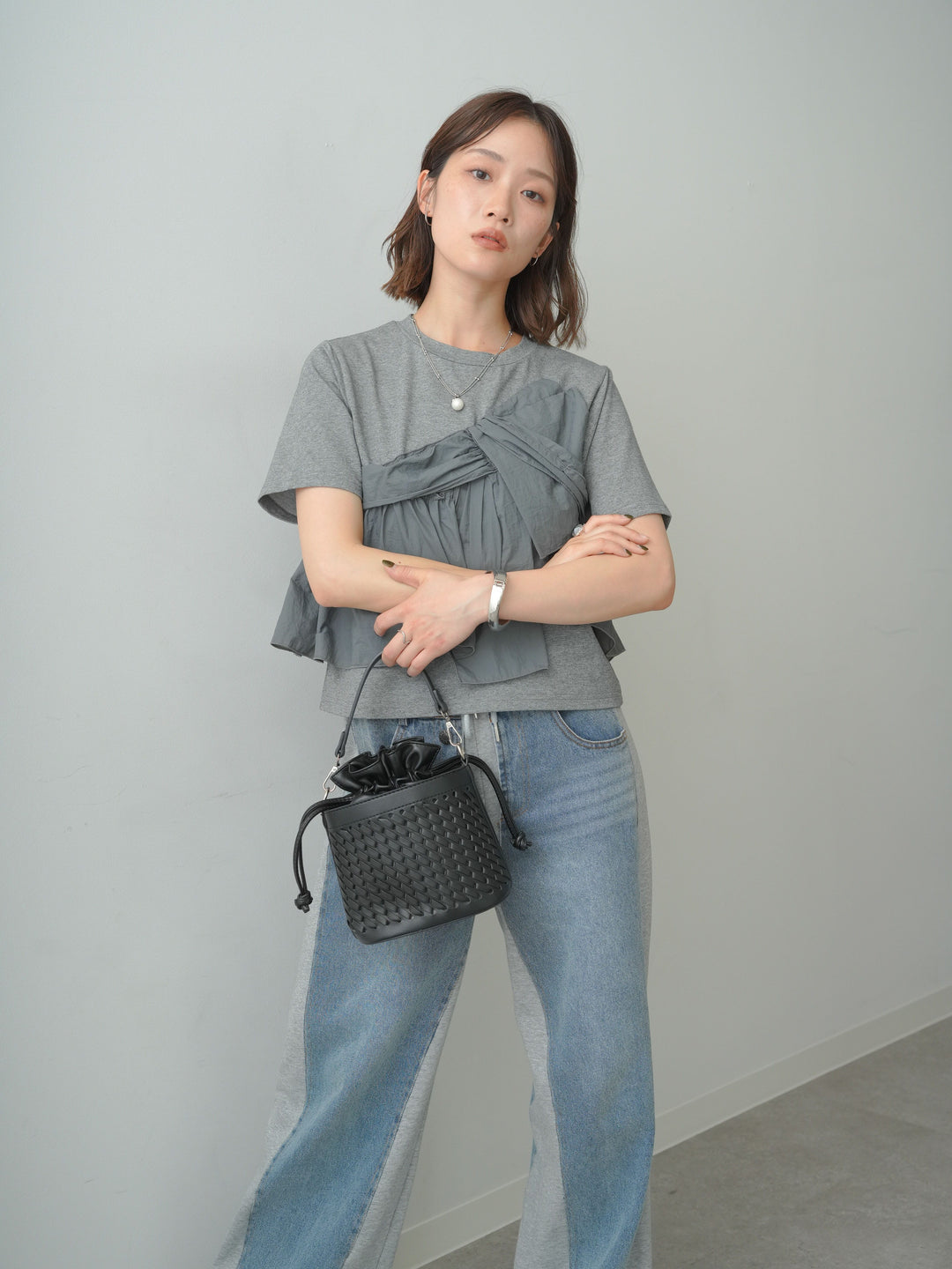 [SET]ナイロンドッキングツイストTEE +デニム切替スウェットパンツ(2set)