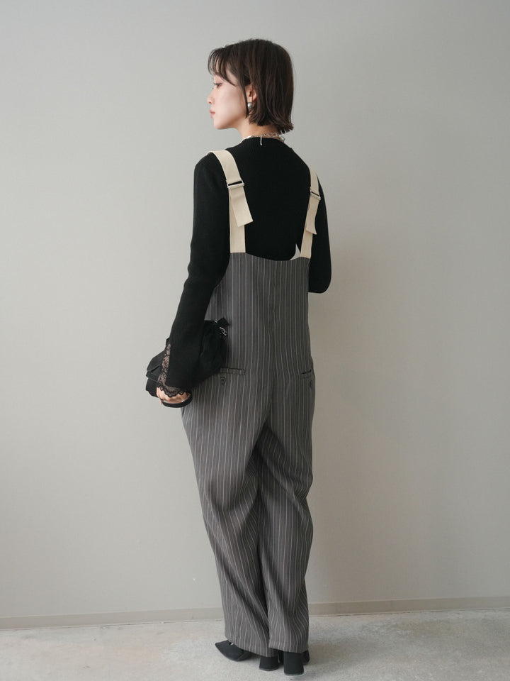 [SET]袖スカラップレースオフネックニットトップス+グログランテープストライプサロペット(2set)