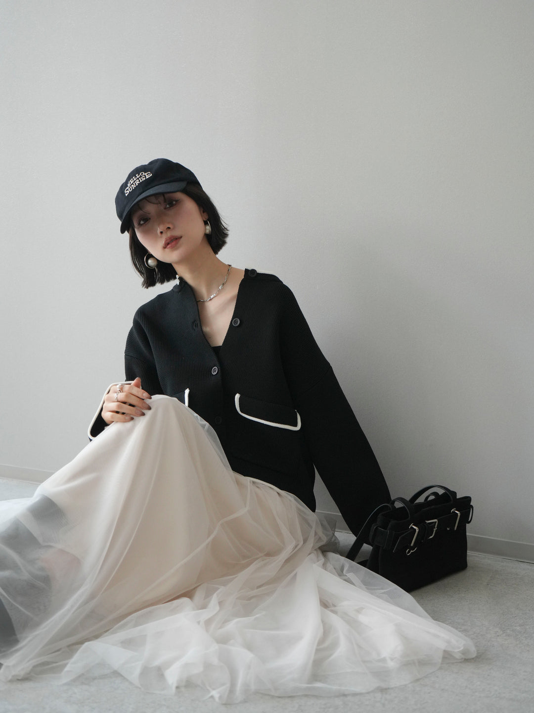 [SET]ポリエステル配色ニットカーディガン+チュールボリュームスカート(2set)