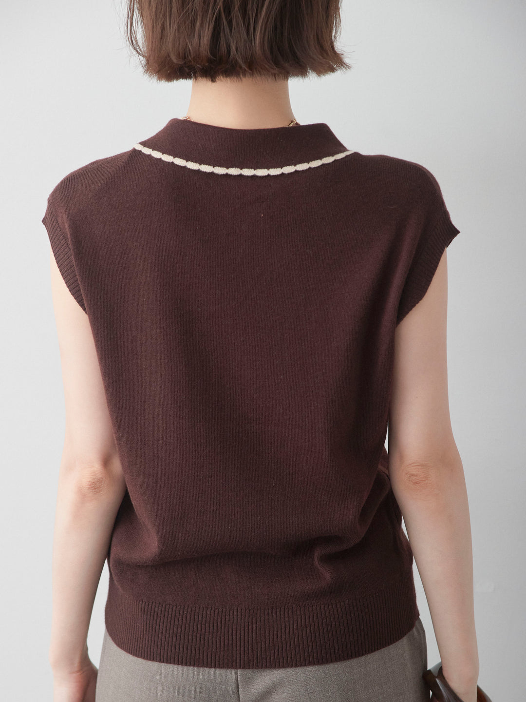 [予約]バイカラーハーフジップポロニットトップス/brown