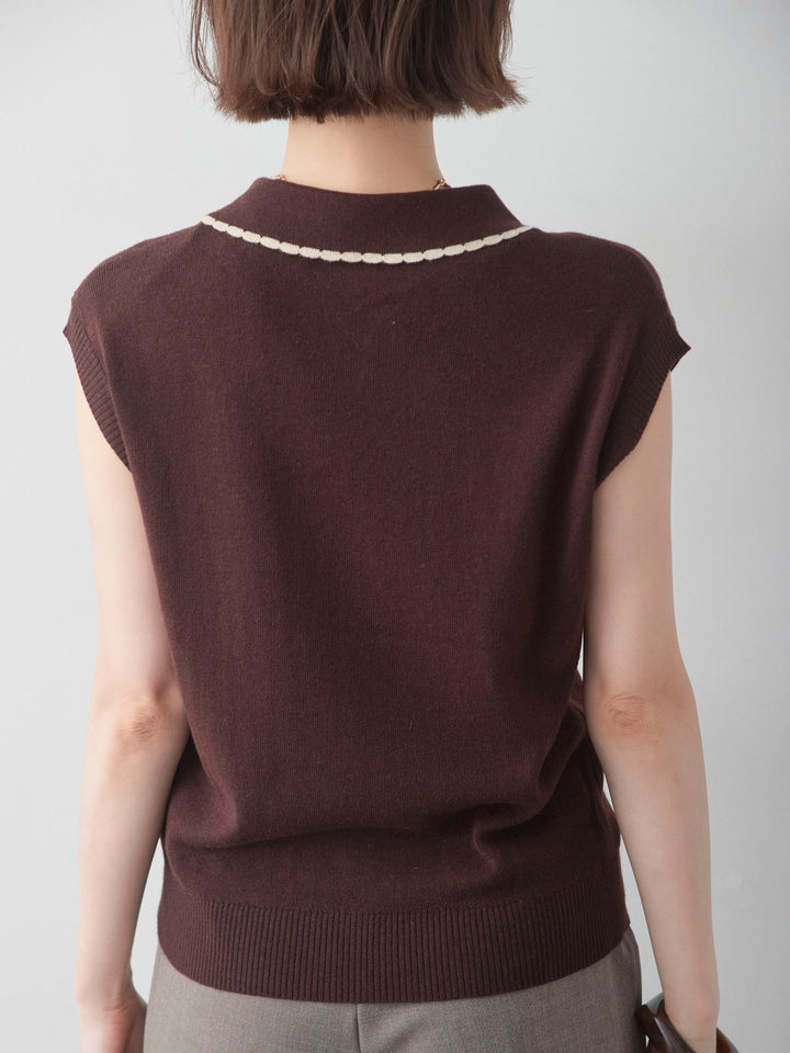 [予約]バイカラーハーフジップポロニットトップス/brown