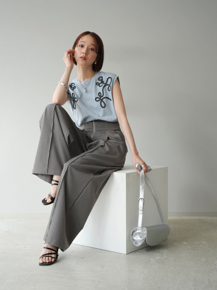 [SET]コード刺繍フレンチスリーブTシャツ+ジップタックワイドパンツ(2set)