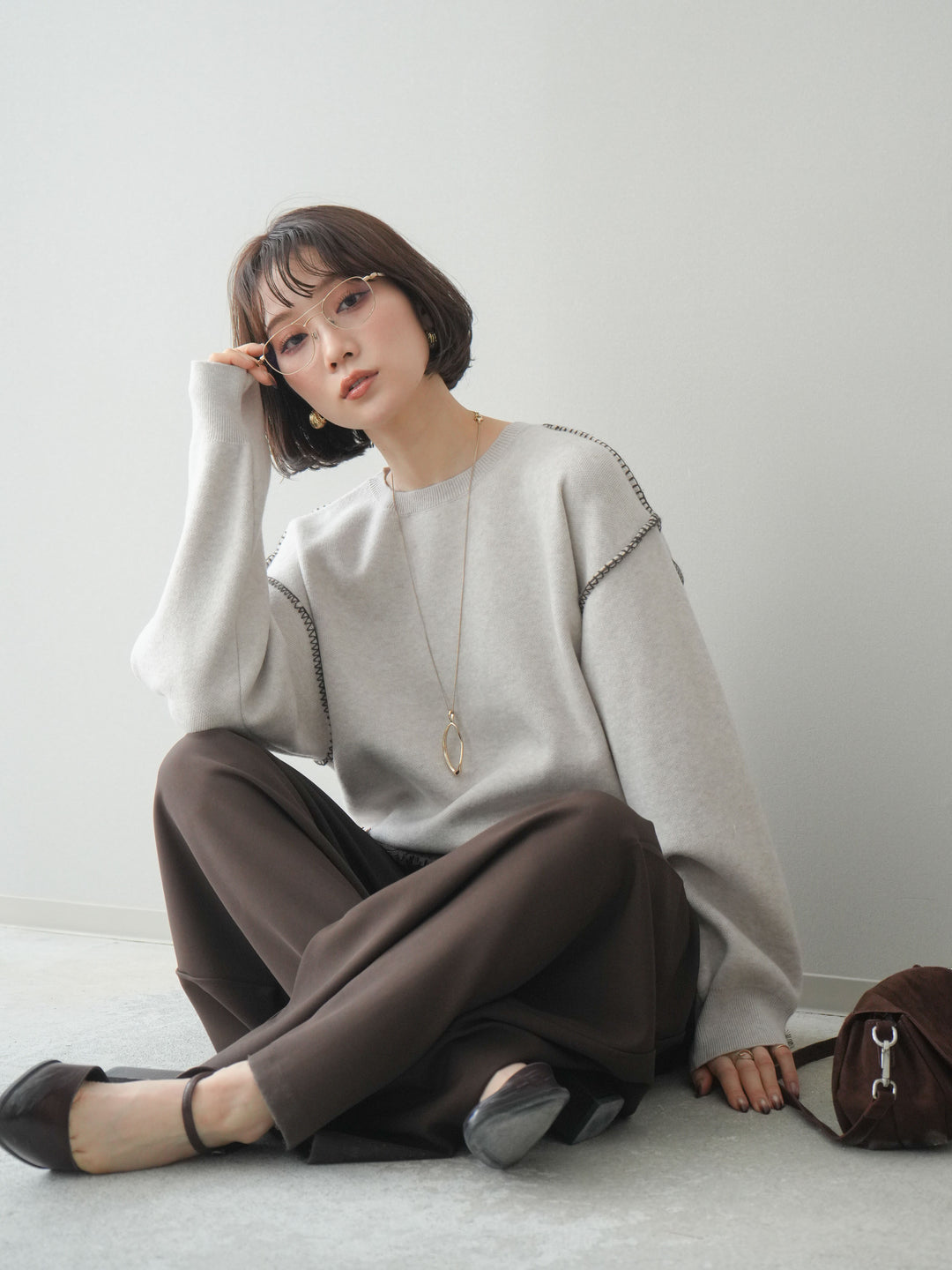 [SET]バックロゴ刺繍配色ステッチニットプルオーバー+選べるアクセセット(2set)