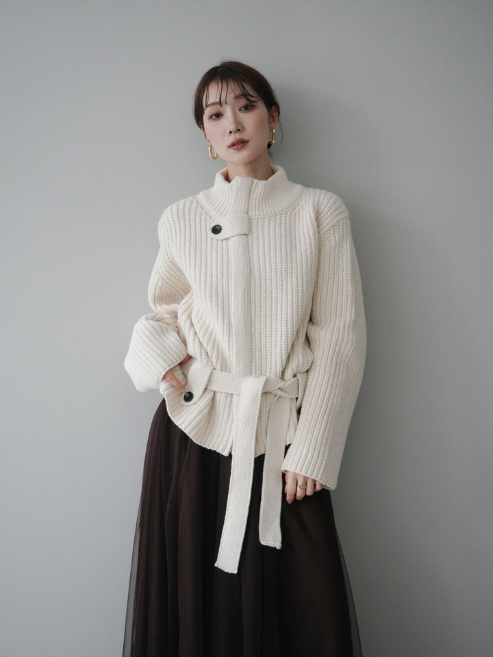 [予約]畦編みボトルネックZIPニットカーディガン/white