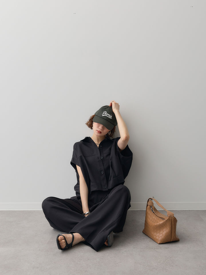 【套裝】縐綢燈籠無袖襯衫 + 縐綢闊腿褲（兩件套）