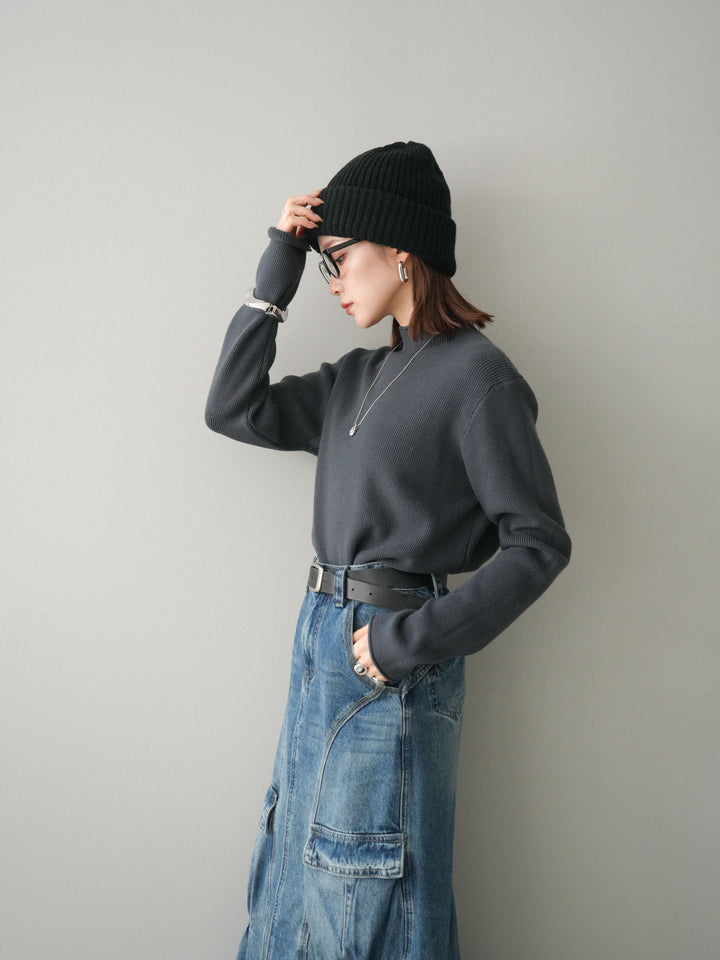 [予約]ボトルネック裾カールリブニットトップス/charcoal